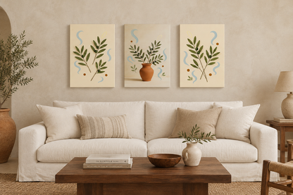 Three-piece olive branch canvas set above an ivory sofa in a Mediterranean living room - Portugal Canvas Co