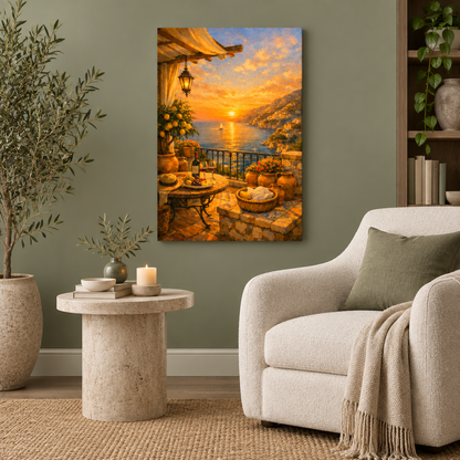 Mediterranean sunset terrace canvas beside an ivory armchair in a sage reading lounge - Portugal Canvas Co