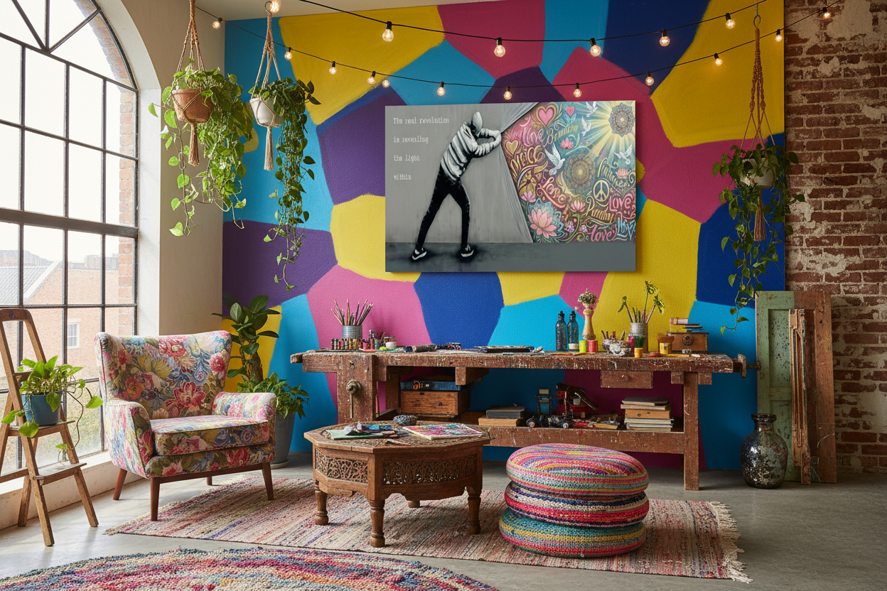 Revealing the light within Banksy style canvas wall art displayed on the wall of a vibrant eclectic creative studio with colourful walls and fairy lights - Portugal Canvas Co