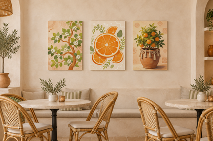 Orange blossom, orange slices and potted orange tree triptych above seating in a Mediterranean cafe - Portugal Canvas Co