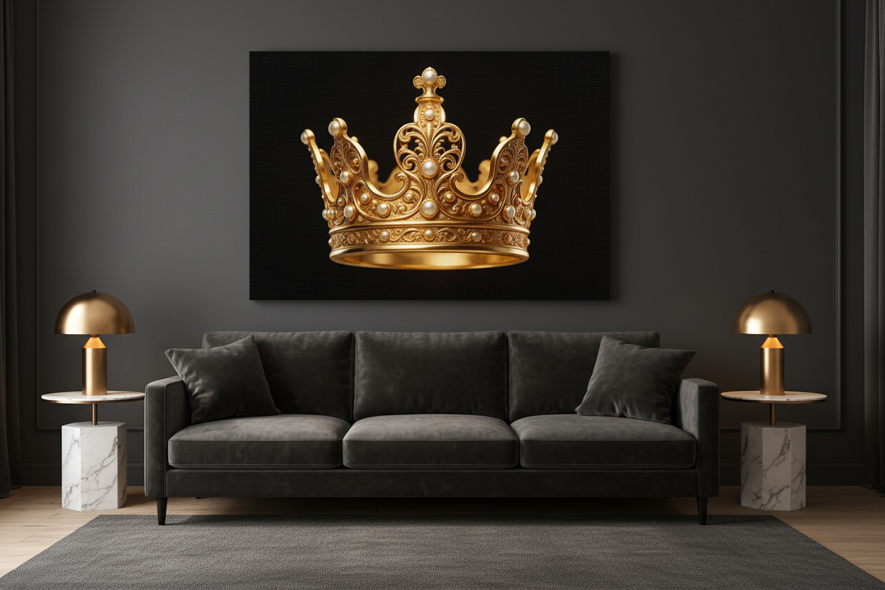 Ornate golden royal crown with pearl embellishments canvas wall art displayed on the wall of a sophisticated dark luxury living room with charcoal walls and gold accent lighting - Portugal Canvas Co
