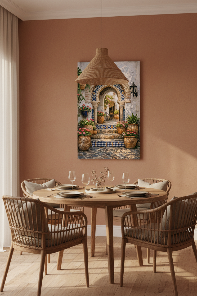 Andalusian archway courtyard canvas wall art with blue mosaic tiles and pink geraniums hung on a warm terracotta wall in an elegant dining room with round wooden table and woven chairs - Portugal Canvas Co