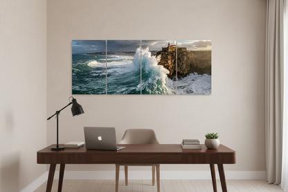 Four-panel coastal lighthouse canvas wall art above a modern home office desk - Portugal Canvas Co