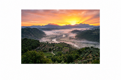 Golden valley sunrise misty countryside canvas artwork in its original landscape proportions on a white background - Portugal Canvas Co