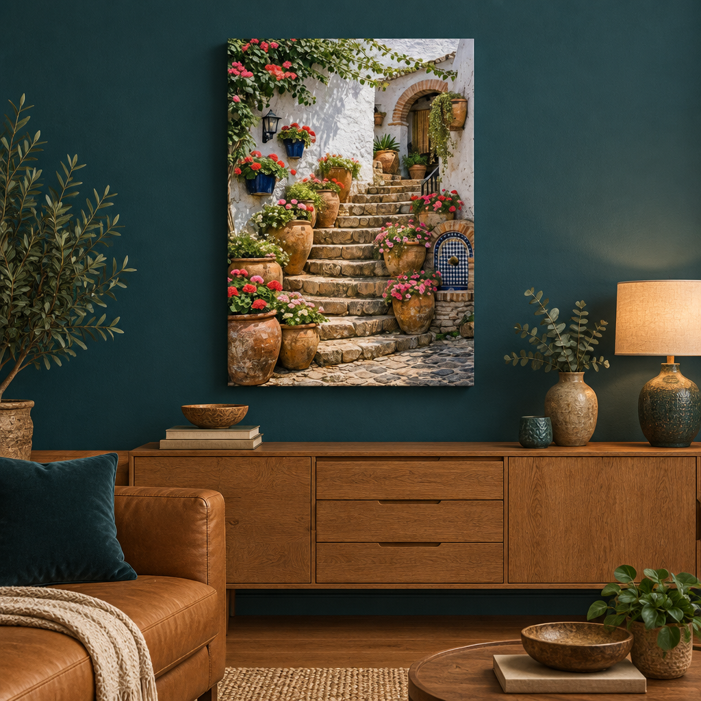 Mediterranean stone staircase canvas with flowers and terracotta pots in a teal and caramel living room - Portugal Canvas Co