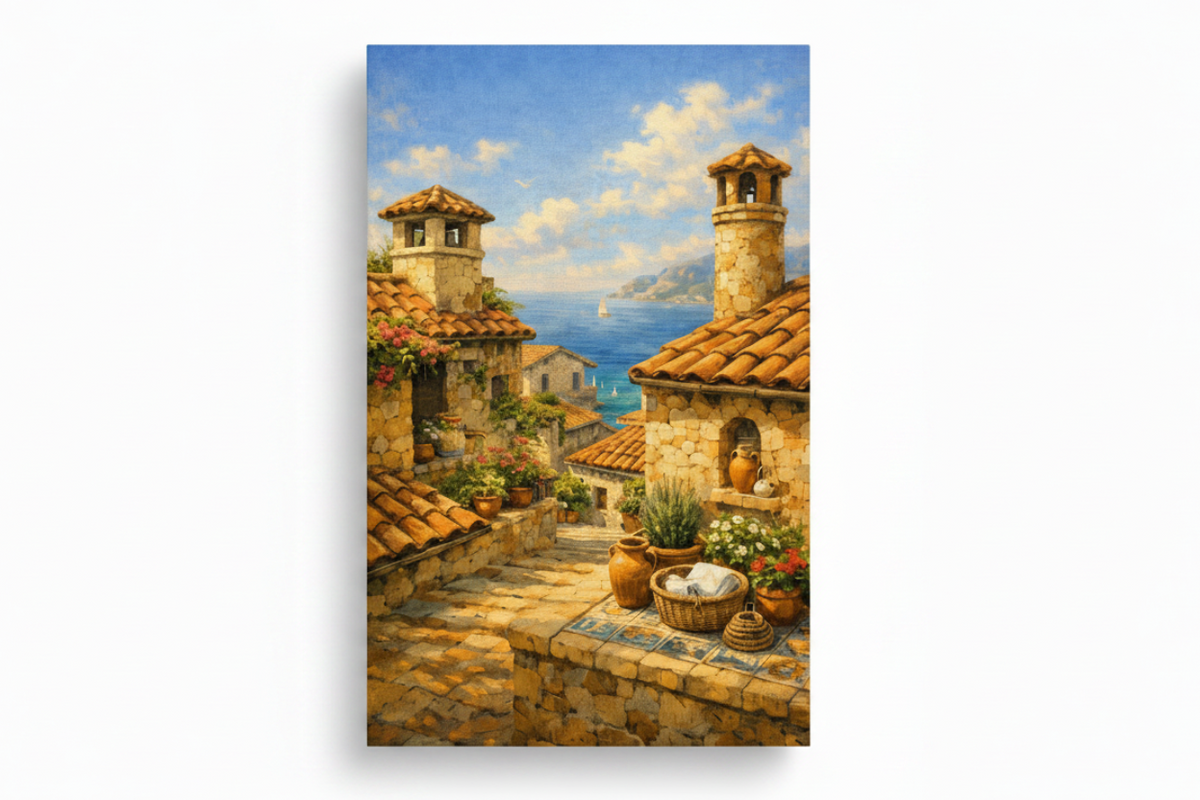 Mediterranean village sea view canvas print flat lay on white background with terracotta rooftops, stone towers and sailboats on blue sea - Portugal Canvas Co