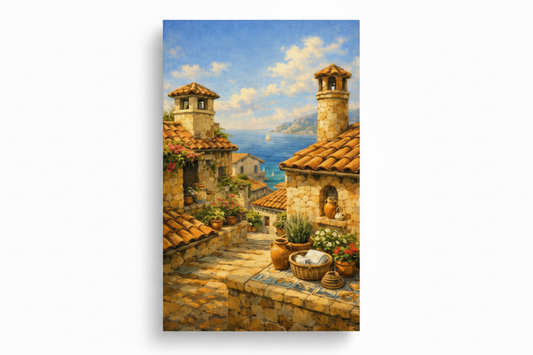 Mediterranean village sea view canvas print flat lay on white background with terracotta rooftops, stone towers and sailboats on blue sea - Portugal Canvas Co