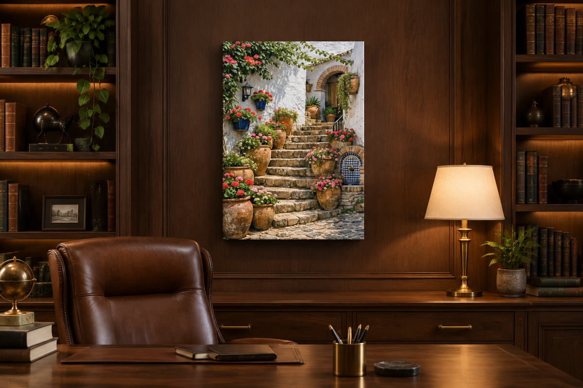 Mediterranean stone staircase canvas displayed on a dark walnut wall in an executive study - Portugal Canvas Co