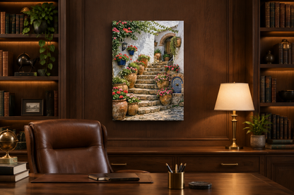 Mediterranean stone staircase canvas displayed on a dark walnut wall in an executive study - Portugal Canvas Co
