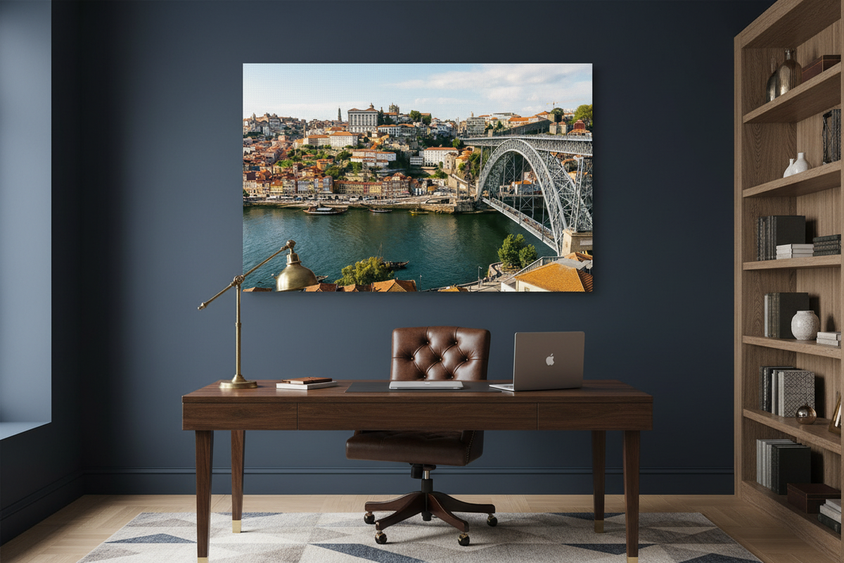 Porto Dom Luís I Bridge canvas wall art displayed in a sophisticated home office with dark navy wall and leather chair - Portugal Canvas Co