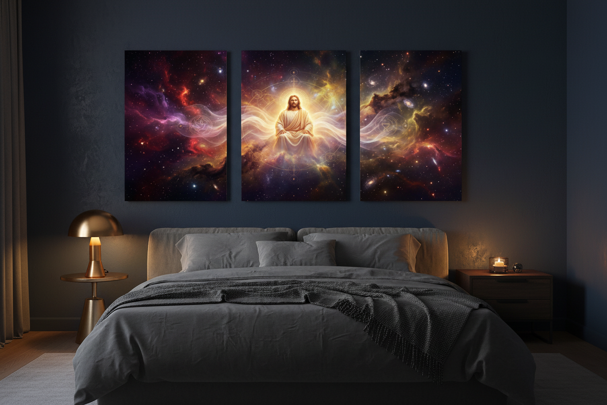 Cosmic divine light Jesus triptych canvas wall art on a navy wall in a dramatic moody bedroom with gold lamp - Portugal Canvas Co