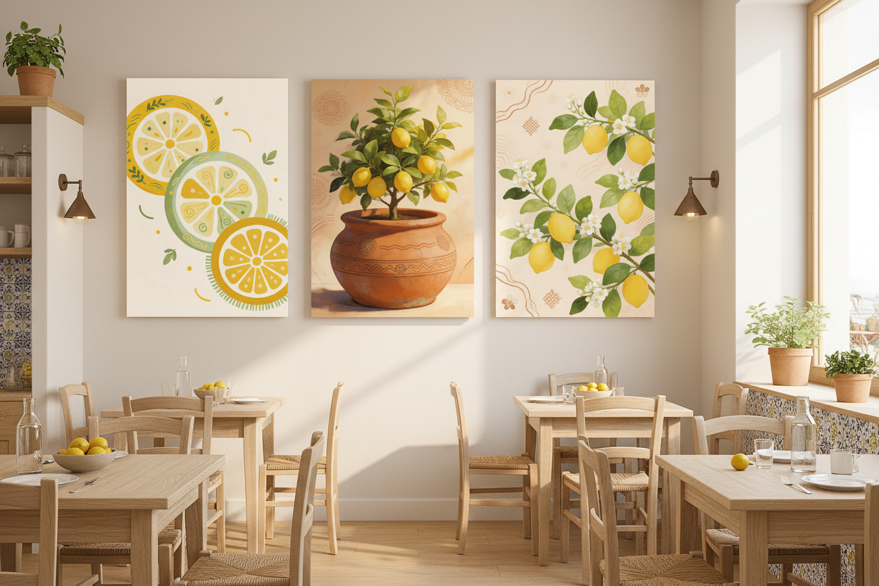 Mediterranean Lemon Wall Art Set triptych on white wall in a bright Mediterranean restaurant with rustic wooden tables - Portugal Canvas Co