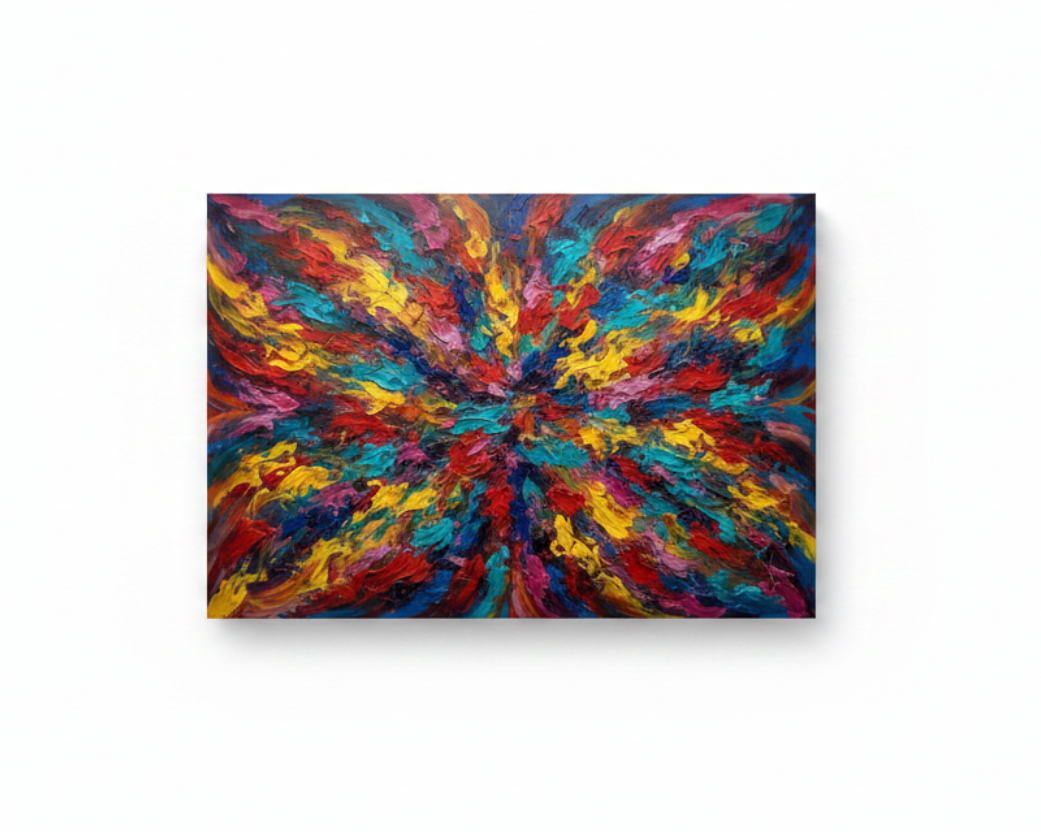 Rainbow energy burst abstract canvas wall art floating on white background showing explosive radial brushstrokes in red yellow teal pink and blue - Portugal Canvas Co