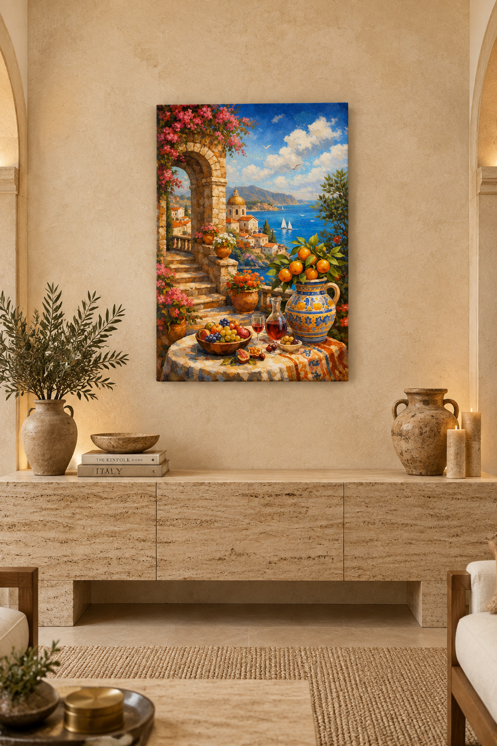 Mediterranean coastal archway canvas with bougainvillea and sea view centered above a travertine console in a high-end interior - Portugal Canvas Co