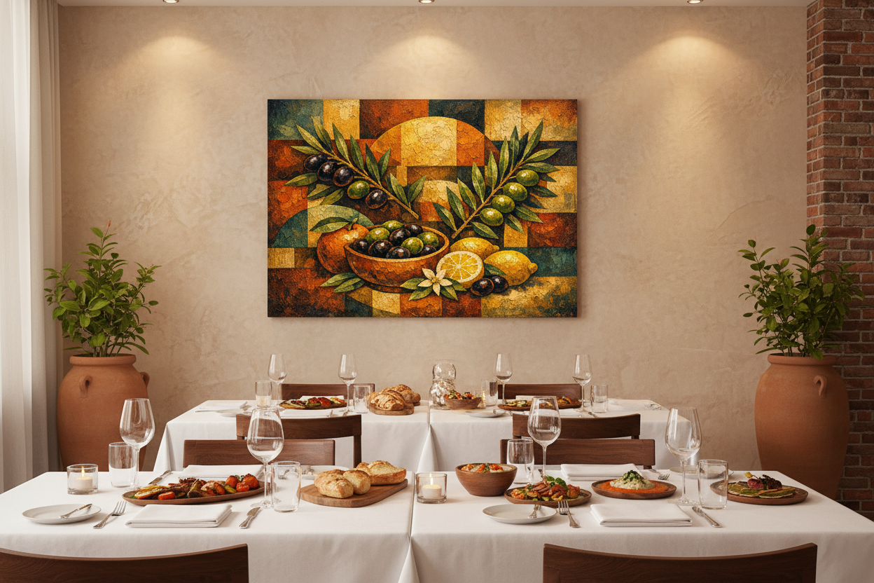 Mediterranean harvest olives and citrus cubist still life canvas wall art displayed in an upscale restaurant dining room - Portugal Canvas Co