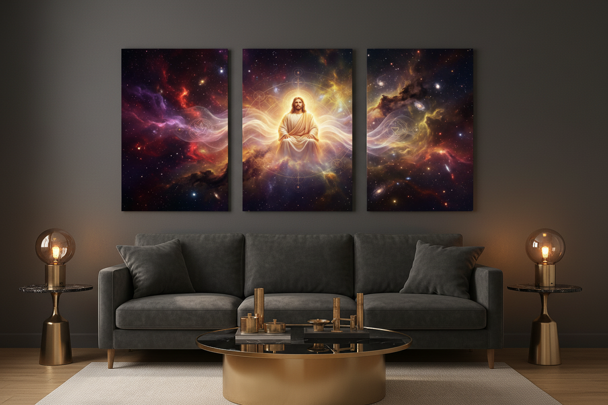Cosmic divine light Jesus triptych canvas wall art on a charcoal grey wall in a dark moody living room - Portugal Canvas Co