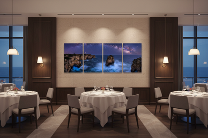 Four-panel Algarve coast at night gallery-wrapped canvas set in an elegant five-star hotel lobby lounge - Portugal Canvas Co