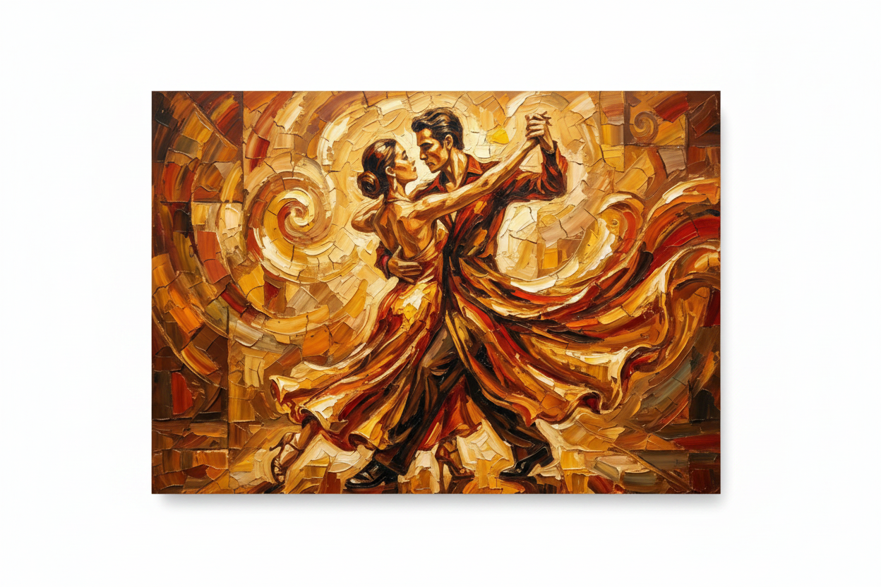 Passionate tango couples dance canvas wall art flat lay on white background top-down view - Portugal Canvas Co