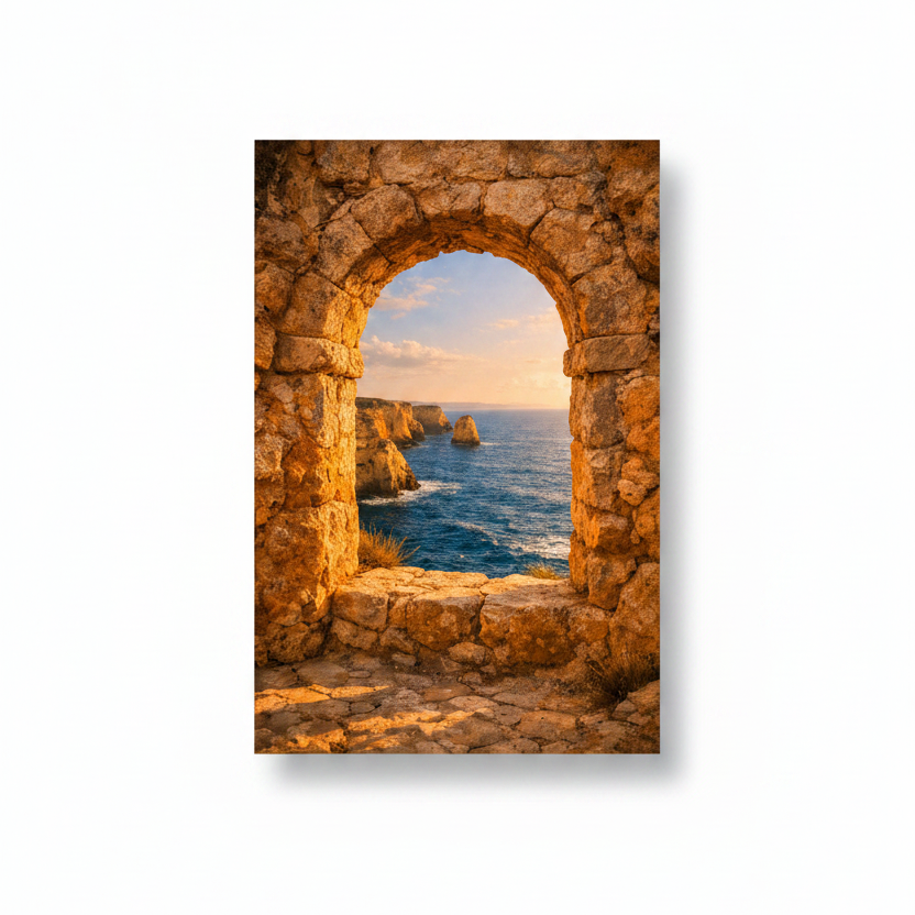 Algarve stone archway framing dramatic blue ocean and rocky coastline at sunset canvas wall art on white background - Portugal Canvas Co