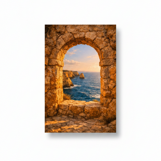 Algarve stone archway framing dramatic blue ocean and rocky coastline at sunset canvas wall art on white background - Portugal Canvas Co