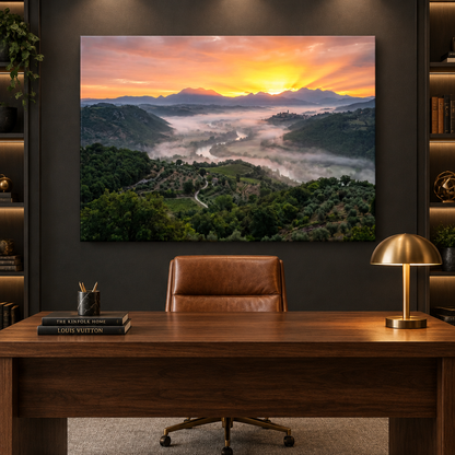 Golden valley sunrise landscape canvas above a walnut desk in a charcoal office - Portugal Canvas Co