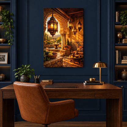Ornate archway and glowing lantern courtyard canvas wall art in a navy blue home office - Portugal Canvas Co