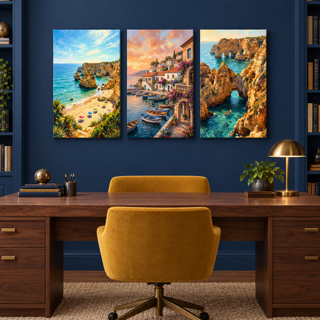 Algarve three-panel canvas set showing a beach, waterfront village and sea arches in a navy blue study - Portugal Canvas Co
