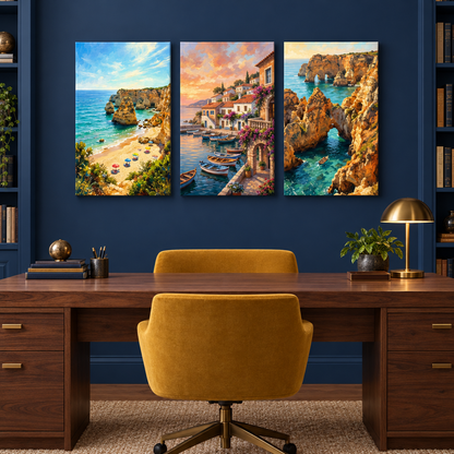 Algarve three-panel canvas set showing a beach, waterfront village and sea arches in a navy blue study - Portugal Canvas Co