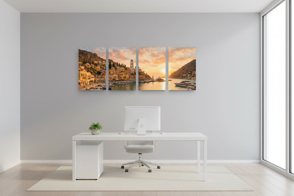 Symi Harbour Sunset four-panel canvas wall art displayed in a modern professional office interior with clean minimal design and natural light - Portugal Canvas Co
