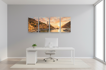 Symi Harbour Sunset four-panel canvas wall art displayed in a modern professional office interior with clean minimal design and natural light - Portugal Canvas Co
