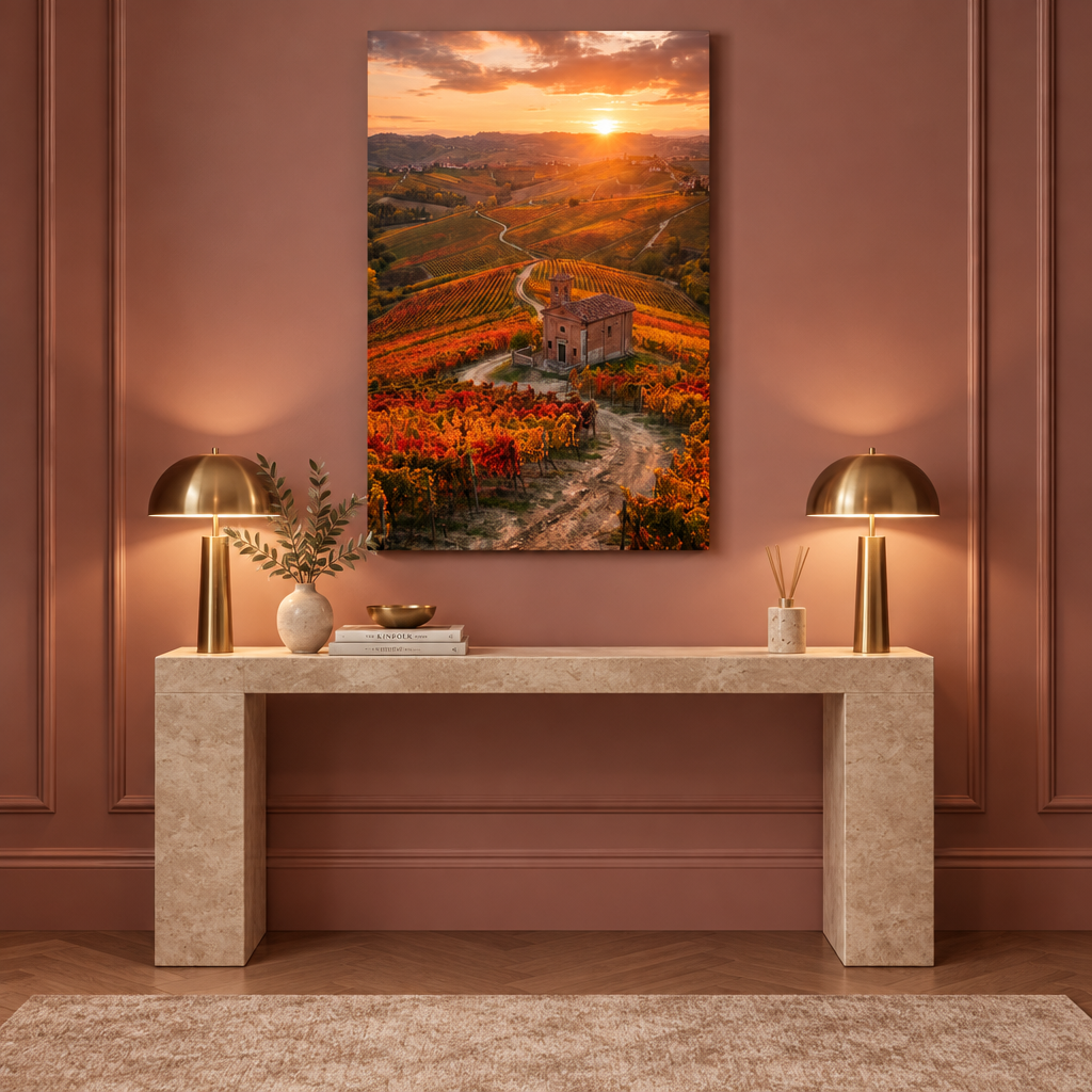 Portrait vineyard sunset canvas above a stone console in a dusty rose entryway - Portugal Canvas Co