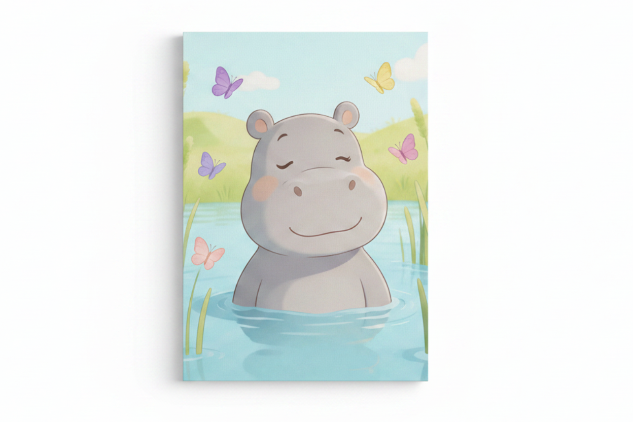 Cute hippo canvas print flat lay on white background, top-down overhead view, no frame - Portugal Canvas Co