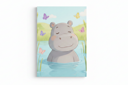 Cute hippo canvas print flat lay on white background, top-down overhead view, no frame - Portugal Canvas Co