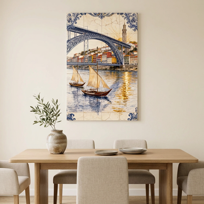 Porto bridge and sailboats canvas in a neutral dining room with an oak table - Portugal Canvas Co