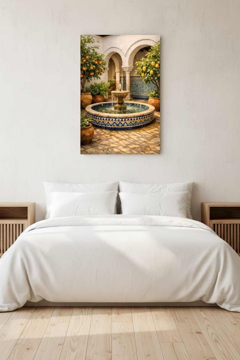 Andalusian courtyard fountain canvas wall art displayed above a king-size bed with white linen in a serene coastal bedroom - Portugal Canvas Co