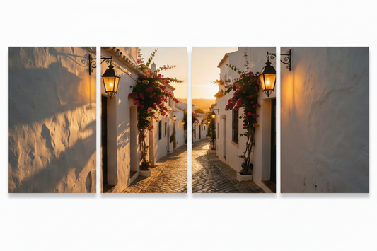 Close-up four-panel Albufeira Old Town canvas wall art on a pure white background - Portugal Canvas Co