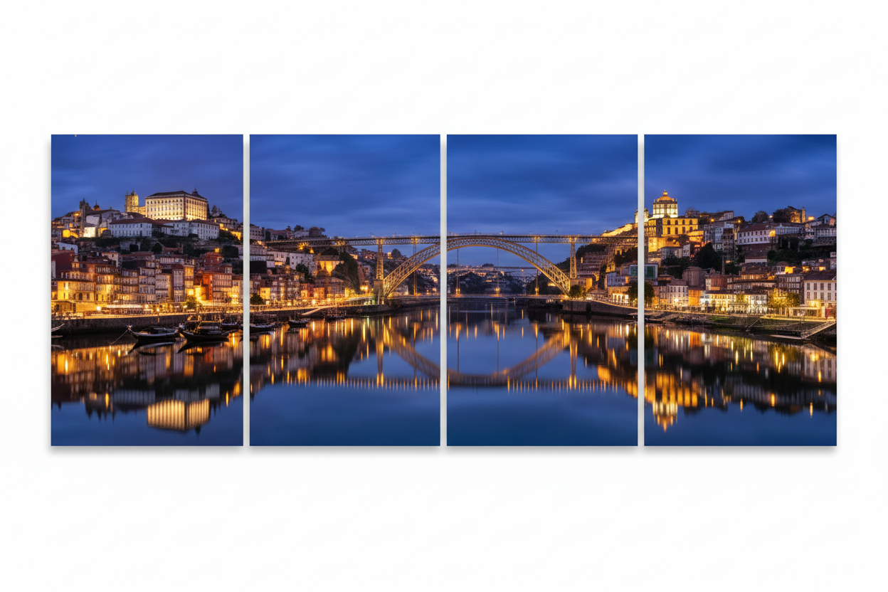 Close-up Porto Dom Luís I Bridge at night four-panel canvas wall art on white background - Portugal Canvas Co