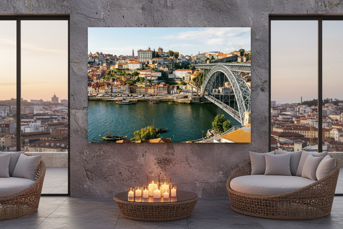 Porto Dom Luís I Bridge canvas wall art displayed in an upscale rooftop bar with rattan furniture and golden hour evening light - Portugal Canvas Co
