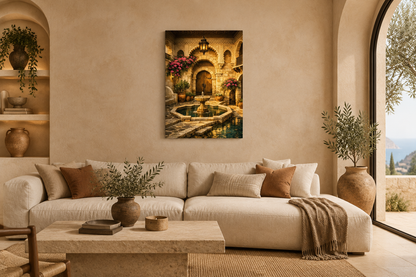 Moorish courtyard fountain canvas with lantern and pink bougainvillea in a luxury Mediterranean living room - Portugal Canvas Co