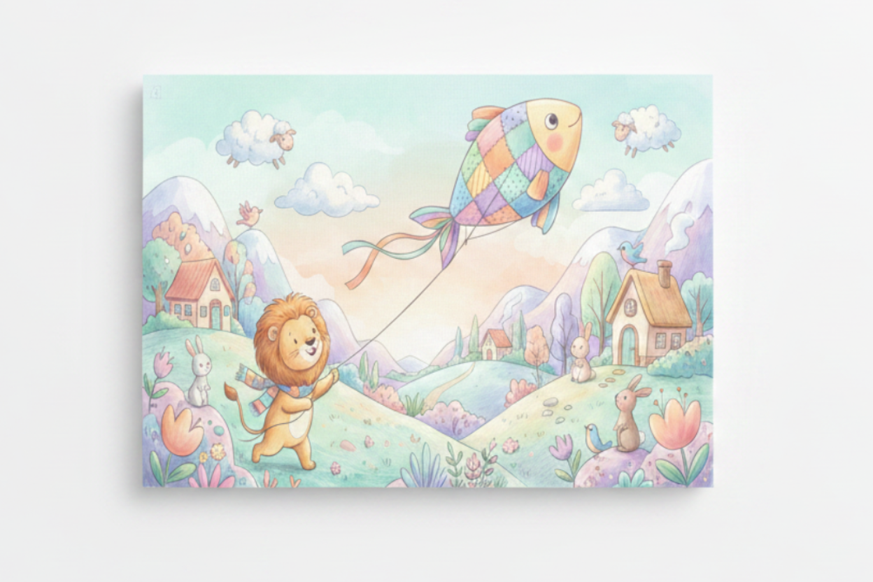 Whimsical lion flying kite nursery canvas print flat lay on white background, top-down overhead view, no frame - Portugal Canvas Co