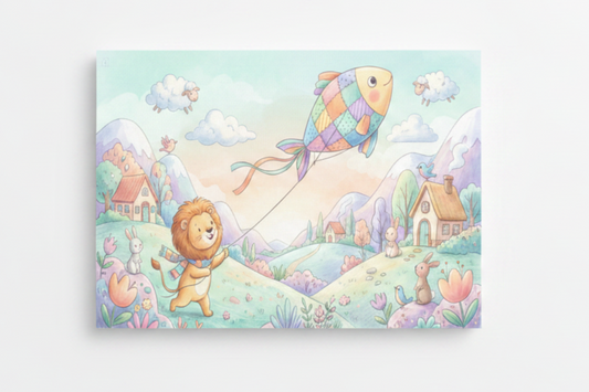 Whimsical lion flying kite nursery canvas print flat lay on white background, top-down overhead view, no frame - Portugal Canvas Co