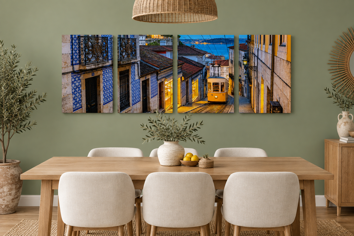 Lisbon yellow tram four-panel gallery-wrapped canvas in a sage-green dining room - Portugal Canvas Co