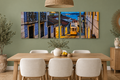 Lisbon yellow tram four-panel gallery-wrapped canvas in a sage-green dining room - Portugal Canvas Co