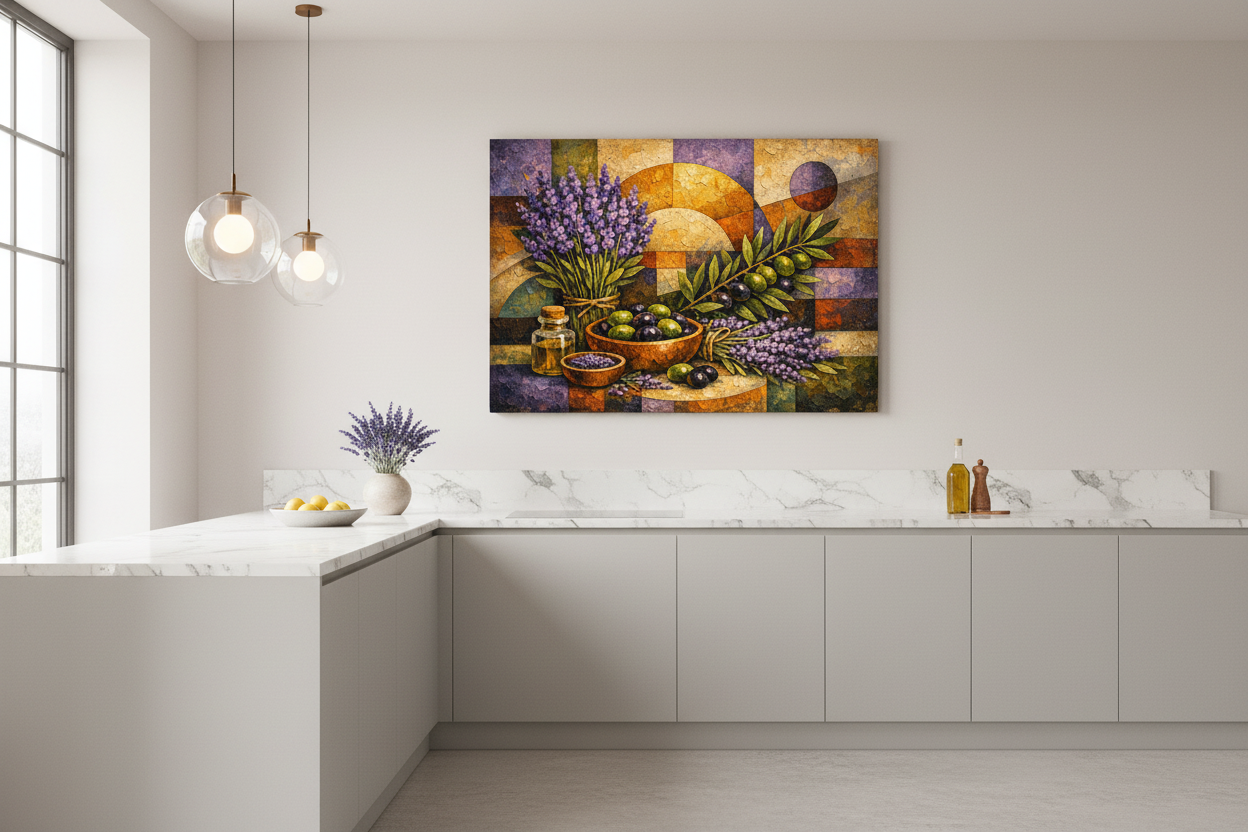 Lavender and olives cubist still life canvas wall art displayed in a bright modern kitchen interior - Portugal Canvas Co