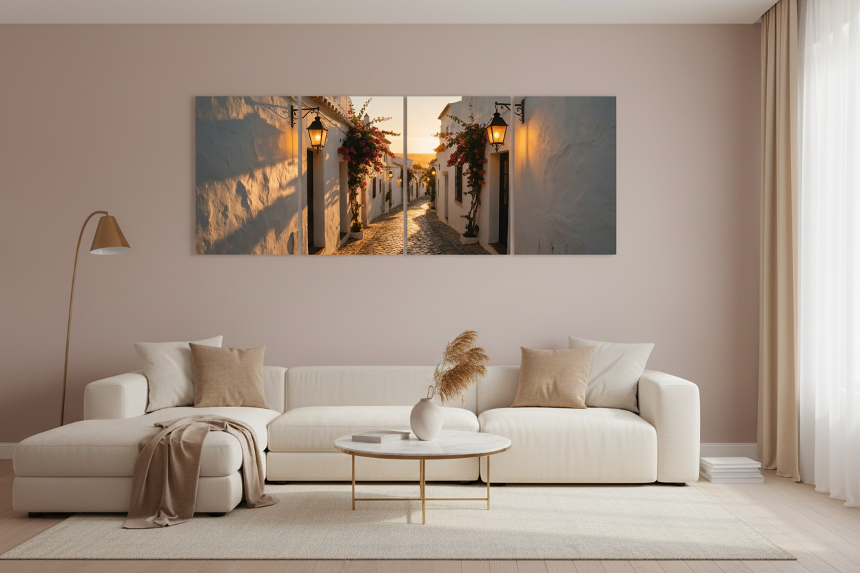 Four-panel Albufeira Old Town canvas wall art in a soft blush and ivory living room - Portugal Canvas Co