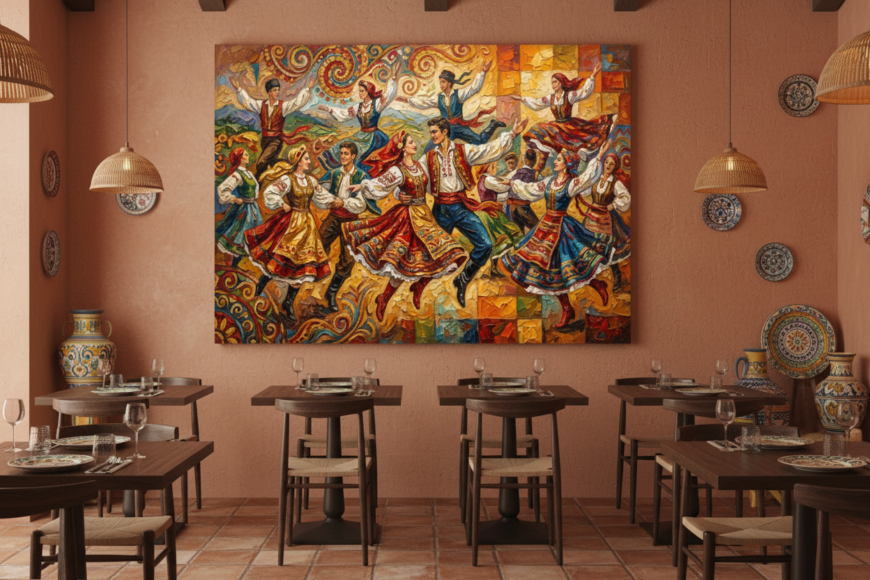 Colorful traditional folk dancers vibrant canvas wall art displayed on a terracotta wall in a rustic Mediterranean restaurant with warm pendant lighting - Portugal Canvas Co