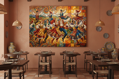 Colorful traditional folk dancers vibrant canvas wall art displayed on a terracotta wall in a rustic Mediterranean restaurant with warm pendant lighting - Portugal Canvas Co