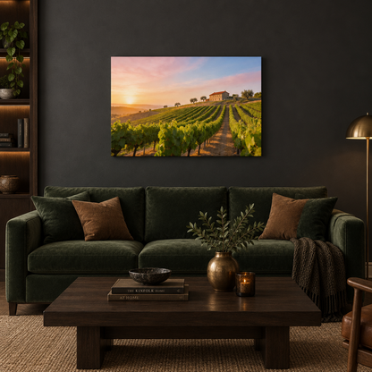 Portugal vineyard at sunset on a gallery-wrapped canvas on a dark charcoal wall in a moody living room with a deep green velvet sofa - Portugal Canvas Co