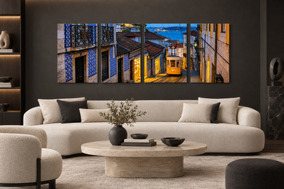 Lisbon yellow tram four-panel gallery-wrapped canvas in a charcoal and cream penthouse lounge - Portugal Canvas Co