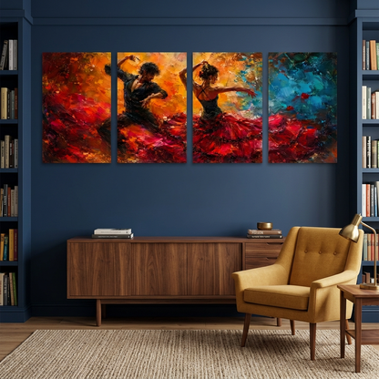 Four-panel flamenco dancer canvas art in a navy library with a mustard armchair - Portugal Canvas Co